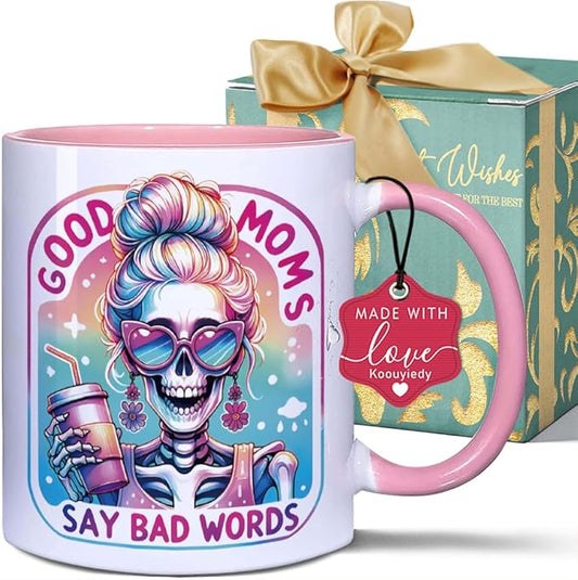 Funny Skull Coffee Mug Gifts for Mom Good Moms Say Bad Words 11OZ Pink - Mom Witchy Gift for Women - Funny Birthday Moms Gift, Sarcastic Gag Presents for Her, Mother Gifts from Daughter Son, Mama Cup