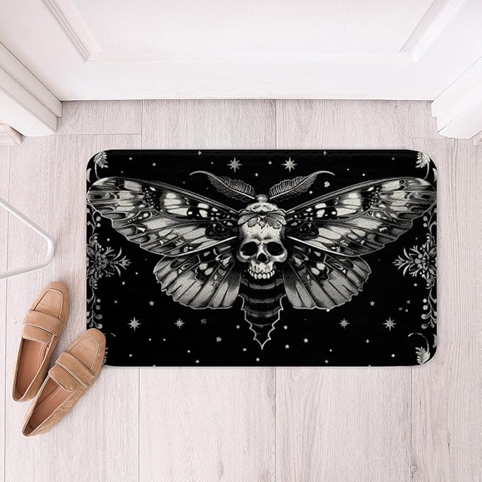 jejeloiu Gothic Death Moth Skull Heads Polyester Bath Rug,Death Moth Soft Fleece Door Carpet,Skull Decor Non Slip Bath Mat,Boho Moth Bathroom Floor Indoor Doormat for Boys Girls Room Decor 20"x32"