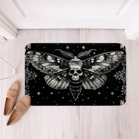 jejeloiu Gothic Death Moth Skull Heads Polyester Bath Rug,Death Moth Soft Fleece Door Carpet,Skull Decor Non Slip Bath Mat,Boho Moth Bathroom Floor Indoor Doormat for Boys Girls Room Decor 20"x32"