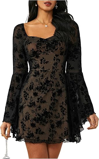 Women's Floral Jacquard Mesh Gothic Dress Bell Long Sleeve A Line Vintage Dresses