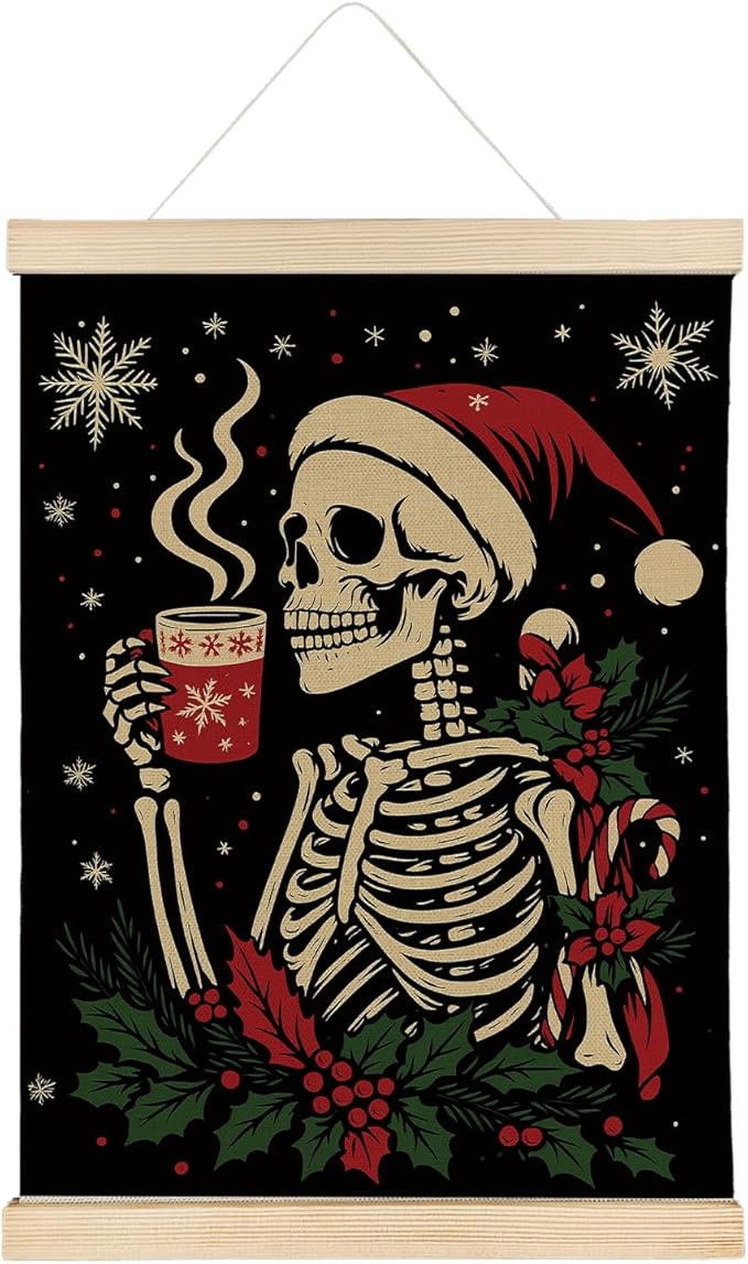 ATBWGT Christmas Skeleton Coffee Wall Art Decor, Christmas Coffee Bar Decor, Funny Skull Holly Berry Winter Xmas Poster Hanger Frame for Cafe Bar Home Bedroom, 12x16 Inch