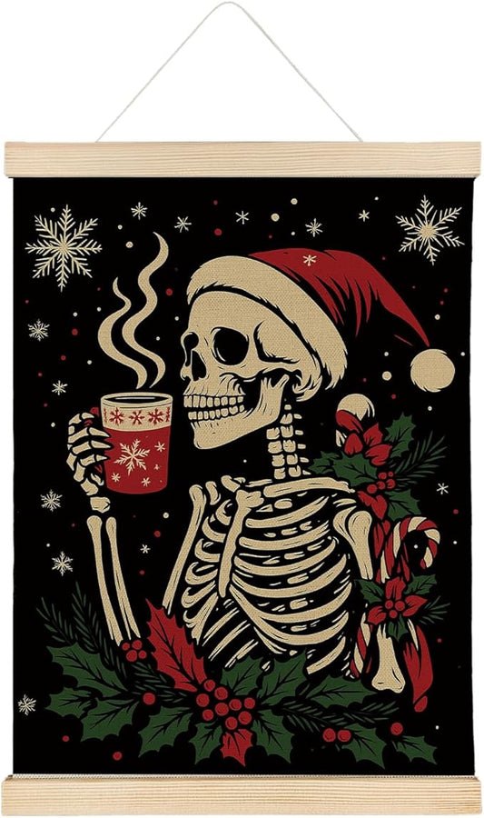 ATBWGT Christmas Skeleton Coffee Wall Art Decor, Christmas Coffee Bar Decor, Funny Skull Holly Berry Winter Xmas Poster Hanger Frame for Cafe Bar Home Bedroom, 12x16 Inch