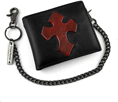 Men's Genuine Leather Black Card/Money Gothic Cross Wallet with Chain (short)
