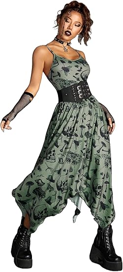 Sexy Gothic Vintage Dress V Neck Sleeveless High Waist Spaghetti Strap Asymmetrical Hem Skull Print Y2K Midi Dresses