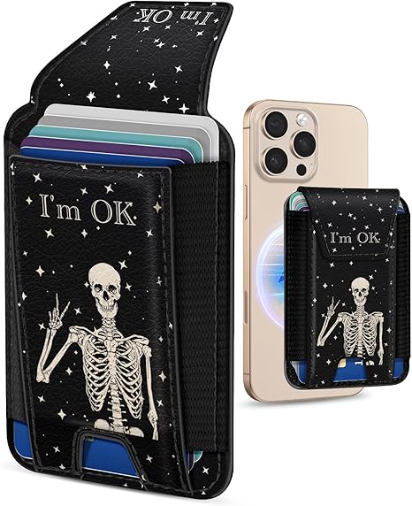 Shorogyt Compatible with Magsafe Wallet for Women - Phone Wallets for Magnetic Card Holder Mag Rfid Skull for iPhone 17/16/15/14/13/12 Series Cute with Elastic and Flap Cover, Fit 7 Cards