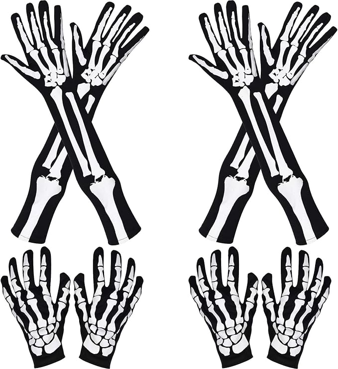 JOVITEC 4 Pairs Skeleton Gloves Halloween Costume Skull Gloves Gothic Bone for Costume Cosplay Accessories(Simple)