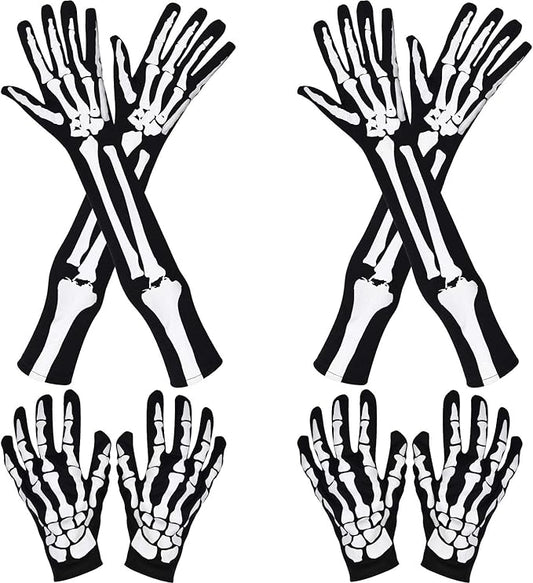 JOVITEC 4 Pairs Skeleton Gloves Halloween Costume Skull Gloves Gothic Bone for Costume Cosplay Accessories(Simple)