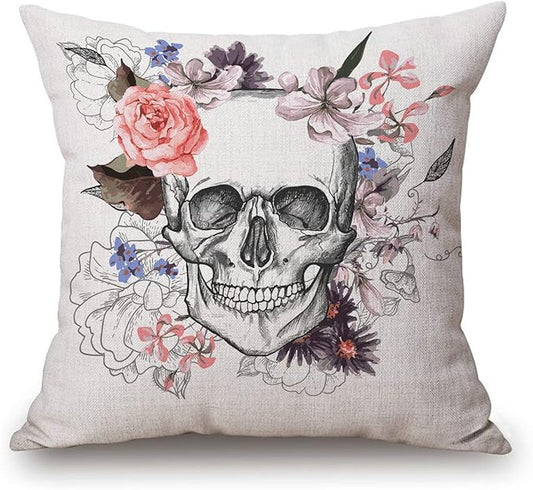Solekla Skull Cotton Linen Pillow Cover Sugar Skull Rose Flowers Skeleton Halloween All Saints Day Goth Gothic Throw Pillow Case 18 x 18 Inch Decorative Cotton Linen Cushion Cover for Sofa Couch Bed