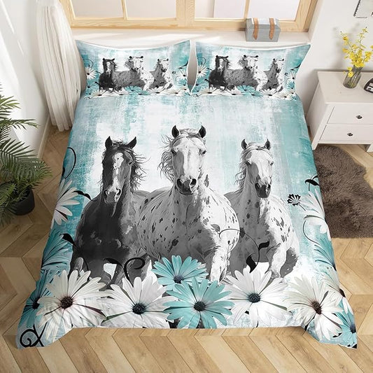 Erosebridal Horse Duvet Cover Horse Gifts for Girls Boys,Farm Animals Bedding Set Teal Graffiti Ombre Art Comforter Cover Rustic Daisy Flowers Bed Set,Cowboy Cowgirl Western Farmhouse Decor Twin