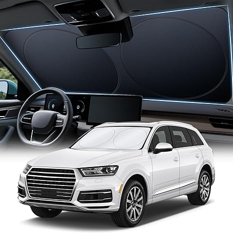 JUSTTOP Car Sun Shade Windshield - Foldable Sun Car Window Shield 210T Coated Silver Cloth Reflective Polyester Material Blocks 99% UV Rays, Fits Most Windshields(Large63 x 35 in)