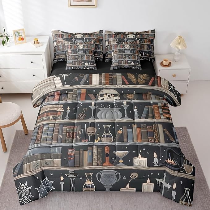 Feelyou Magic Bookshelf Comforter Set 7 Pieces Twin Size Vintage Library Bedding Set for Boys Girls Book Skull Bed in a Bag with Comforter, Sheets, Pillowcases & Cushion Covers