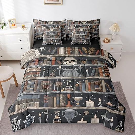 Feelyou Magic Bookshelf Comforter Set 7 Pieces Twin Size Vintage Library Bedding Set for Boys Girls Book Skull Bed in a Bag with Comforter, Sheets, Pillowcases & Cushion Covers
