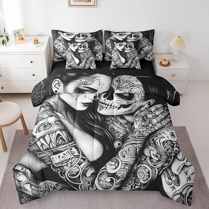 Erosebridal Boho Skull Couple Bedding Set for Kids Teen Adults,Sugar Skull Queen Comforter Set 7 Piece Exotic Skeleton Lovers Bed in A Bag Gothic Black White Bed Set Room Decor