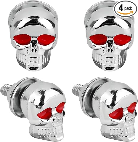 4 PCS Skull License Plate Screws, Anti Theft Car Tag Frame Fastener Kit with Funny Bolt Covers, Cool Personalized License Plate Bolts Decorative Kit for Most Vehicles (Silver)