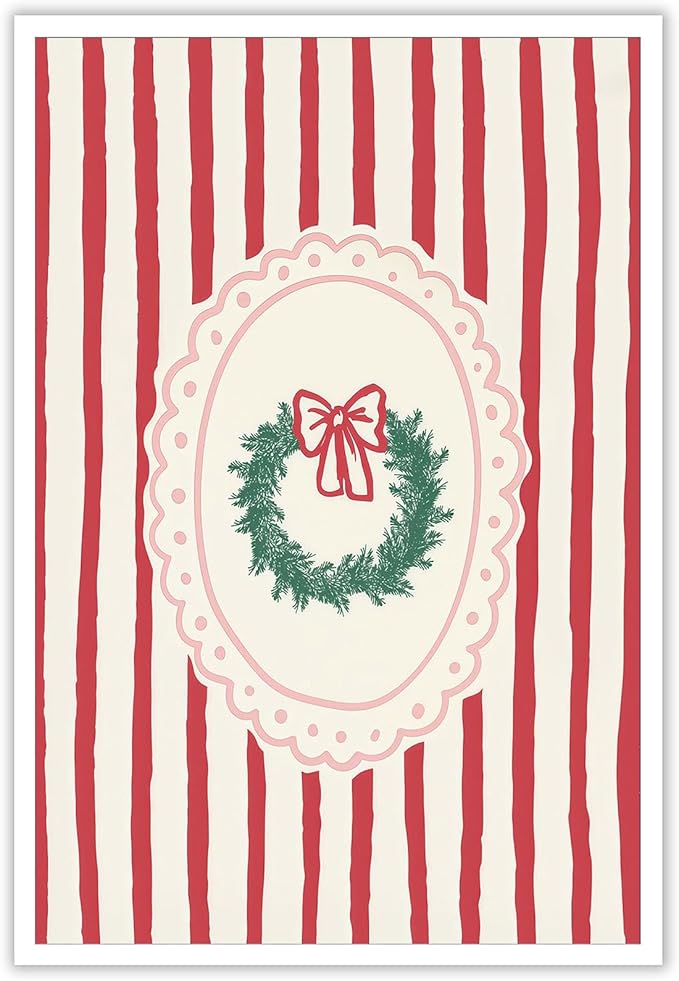 Trendy Festive Atmosphere Decorations Wall Art Whimsical Christmas Bow Wreath Canvas Posters Red And White Striped Pattern Prints Painting For Home Bedroom Dorm Wall Decor 12x16in Unframed