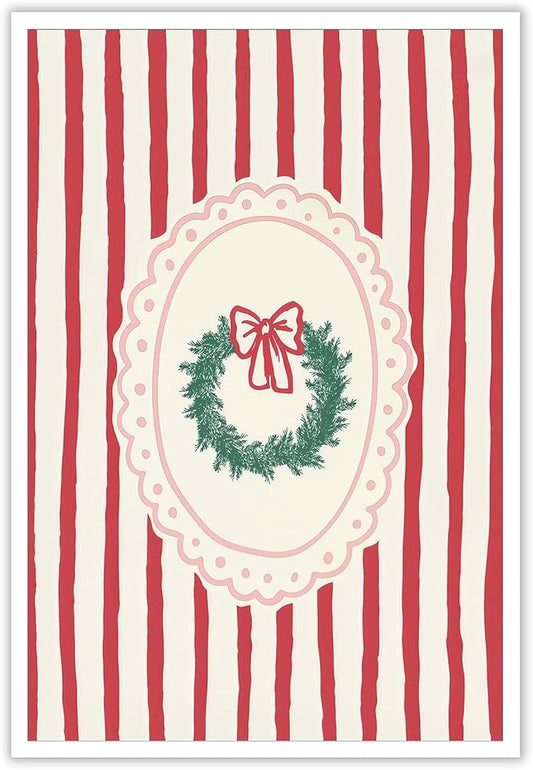 Trendy Festive Atmosphere Decorations Wall Art Whimsical Christmas Bow Wreath Canvas Posters Red And White Striped Pattern Prints Painting For Home Bedroom Dorm Wall Decor 12x16in Unframed
