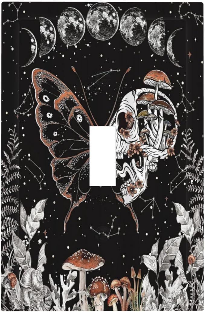 Halloween Moth Skull Skeleton Mushroom Butterfly 1 Gang Wallplate Decorative Outlet Light Switch Plate Covers Night Plant Botanical Single Toggle Electrical Faceplate Cover Home House Decor
