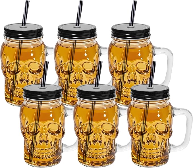 16 oz Skull Mason Jar with Handle,6 Pack Glass Skull Cup with Lid and Straw,Glass Beer Mug Drinking Glasses for Halloween Decor