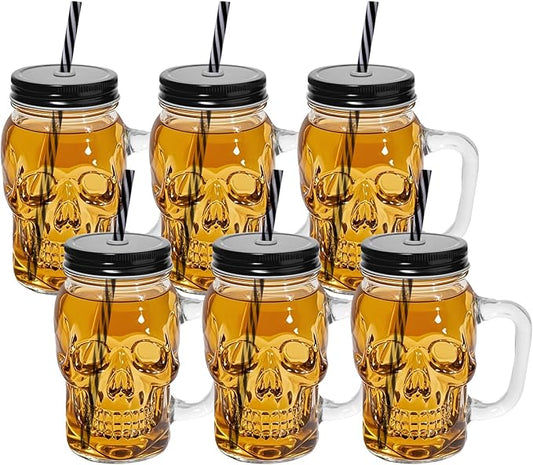 16 oz Skull Mason Jar with Handle,6 Pack Glass Skull Cup with Lid and Straw,Glass Beer Mug Drinking Glasses for Halloween Decor