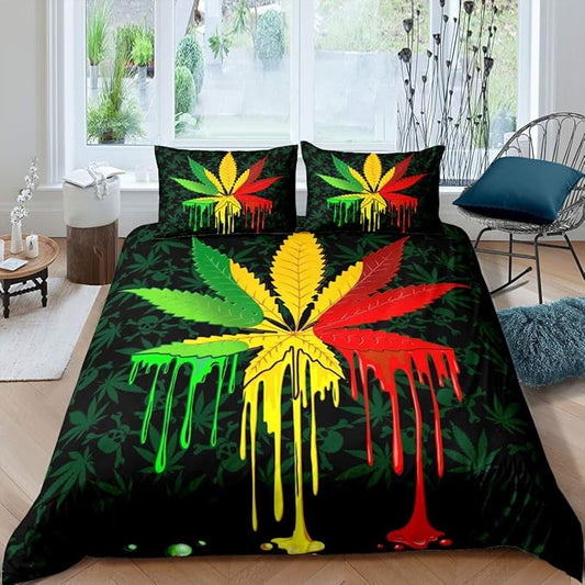 Feelyou Marijuana Leaf Duvet Cover Set Colorful Tie Dye Bedding Set Botanical Weed Hemp Comforter Cover Skull Skeleton Quilt Cover 2 Pillowcases King Size