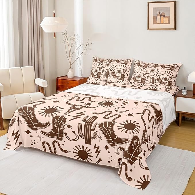 Western Cowboy Bedding Set King Size Tribal Bull Skull Cactus Snake Bed Sheet for Kids Boys Adult Vintage Rustic Brown Top Flat Sheet Cartoon Stars Sun Print Fitted Sheet 4Pcs,2 Pillowcases