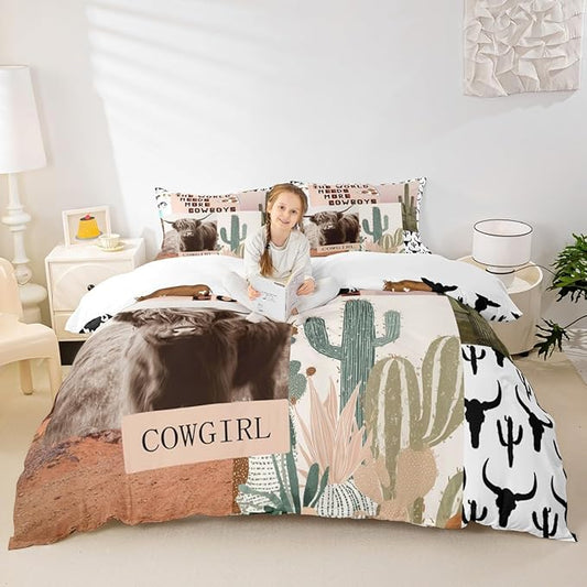 Manfei Western Cowboys Kids Duvet Cover Set Twin Size,Highland Cattle Cactus Bull Skull Bedding Set,Girls Boys Adults Bedroom Decor,Geometric Patchwork Comforter Cover,Rustic Quilt Cover,1 Pillowcase