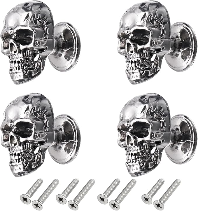 4 Pack Skull Skeleton Cabinets Knobs, Single Hole Pull Handle for Drawer Wardrobes Bookcases Dresser Closets Hardware Furniture Decoration (Silver)