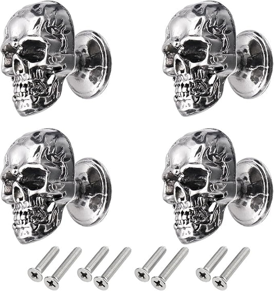 4 Pack Skull Skeleton Cabinets Knobs, Single Hole Pull Handle for Drawer Wardrobes Bookcases Dresser Closets Hardware Furniture Decoration (Silver)