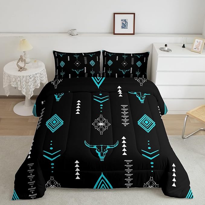 Erosebridal Bull Skull Comforter Set Twin Boho Horns Bedding Kids Ethnic Bohemian Bedding Comforter Sets Tribal Symbol Mysterious Aztec Room Decor Geometric Abstract Black Teal Duvet Insert