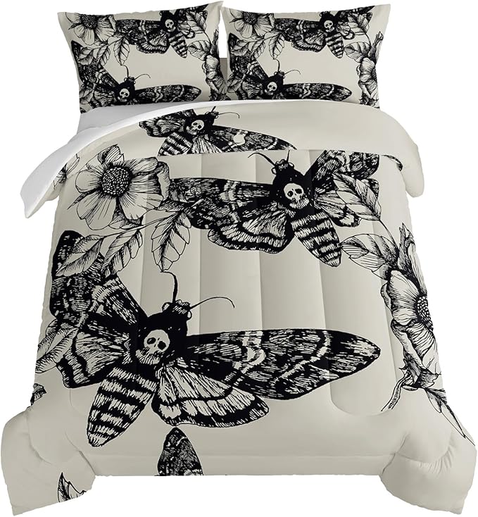 HOSIMA Gothic Decor Comforter Set,Death Moth Skull Heads Pattern Halloween Bed Set Queen Size for Boys Room Decor, Twin Bed in a Bag for Teens with 2 Pillowcases.