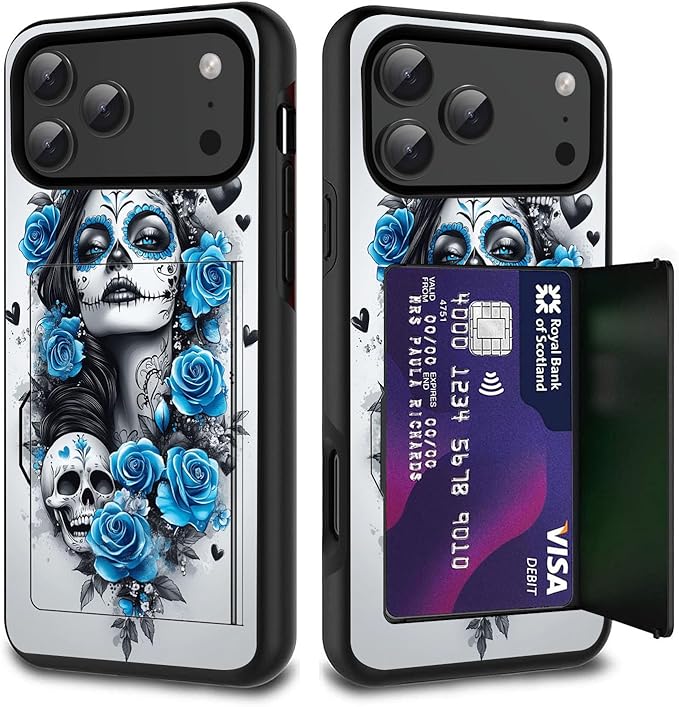Card Holder Credit Card Wallets Case,Dual Layer Hybrid Shockproof Drop Protection with Kickstand Feature Case for iPhone 17 Pro Max 6.9",Day of The Dead Sugar Skull Women