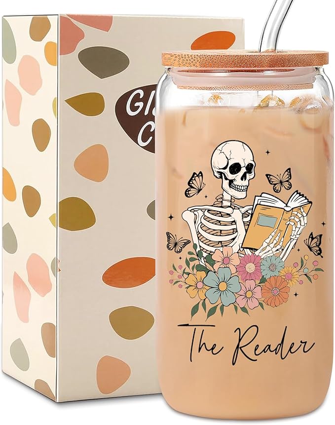 Book Lovers Gifts,Skull Bookish Women Book Themed Readers Accessories,Librarians,Bookaholics Christmas Birthday Gifts For Best Friend,16 oz Glass Cups with Lids and Straws