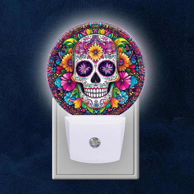 Round LED Night Lights Lamp with Dusk to Dawn Sensor, Colorful Sugar Skull with Flowers Night Light Plug Into Wall for Kids Room, Bedroom, Bathroom, Kitchen, Hallway