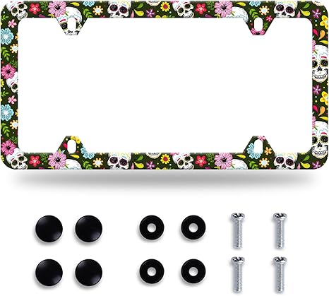 Sugar Skull License Plate Frame Skull and Flowers License Plate Stainless Steel Auto Parts Funny License Plate Decorative with Screws Size 12.3" x 6.3" for Women Men