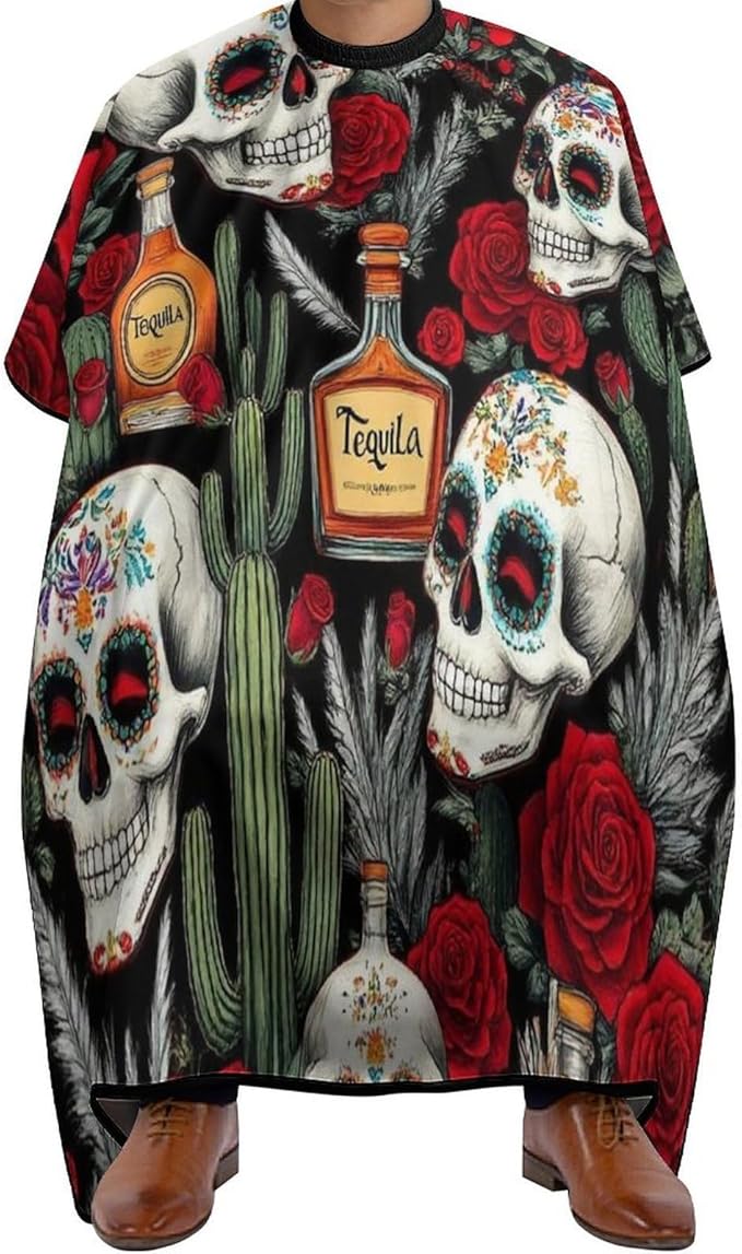 Large Long Salon Gown Cape - Haircut Cloth Apron Cape Vintage Day of Dead Sugar Skulls Rose Flowers Cactus Haircut Cloth Wrap Protector for Home Stylists