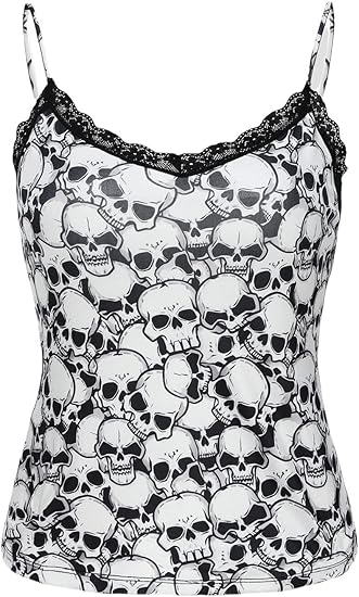 Women's Contrast Lace Trims Scoop Neck Halloween Skulls Allover Print Cami Tops Casual Summer Sleeveless Top Wear