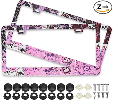 Splicing Skull Ghost Bat License Plate Frames, 2 Pack Halloween Horror Car Plate Frame, Stainless Steel License Plate Holders Covers with Free Screws Fasteners Caps (Skeleton Ghost Bat)