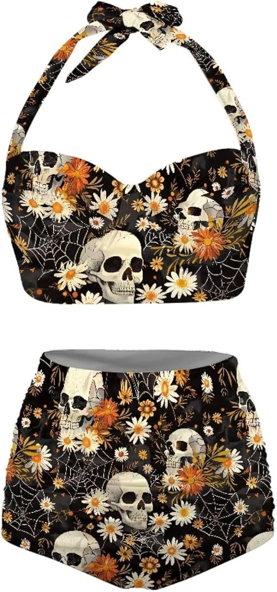 Women Two Piece Bikini Set Swimsuit Halter Ruched High Waist Bikini with Bottom