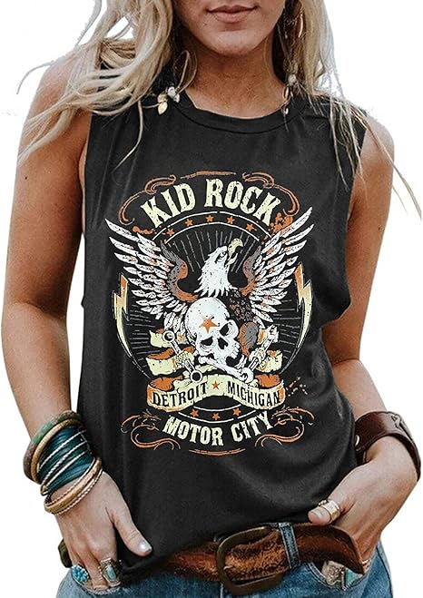 Kid Rock Skeleton Eagle Tank Top for Women Vintage Country Music Shirts Summer Sleeveless Graphic Tops