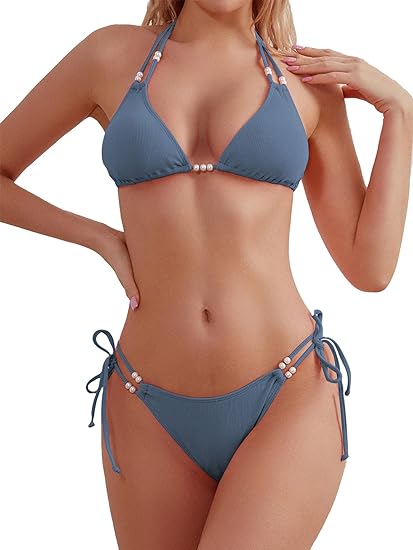 Women's Triangle String Bikini Set Sexy Tie Side Two Piece Swimsuit Cute Halter Bathing Suit