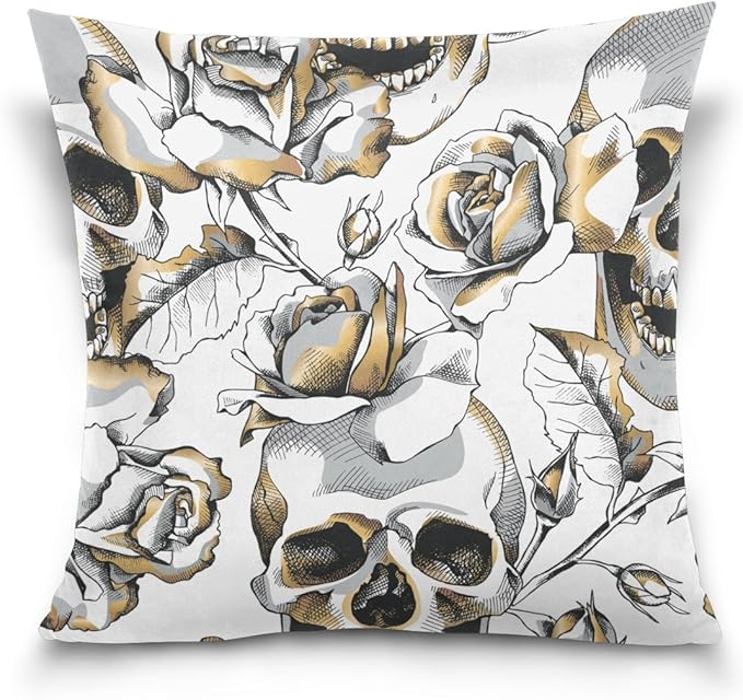 ALAZA Double Sided Halloween Gold Skull and White Rose Flowers Cotton Velvet Throw Pillow Covers 18x18 Inch Zipper Pillowcase for Decorative Pillows