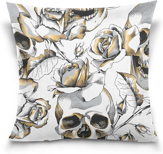 ALAZA Double Sided Halloween Gold Skull and White Rose Flowers Cotton Velvet Throw Pillow Covers 18x18 Inch Zipper Pillowcase for Decorative Pillows