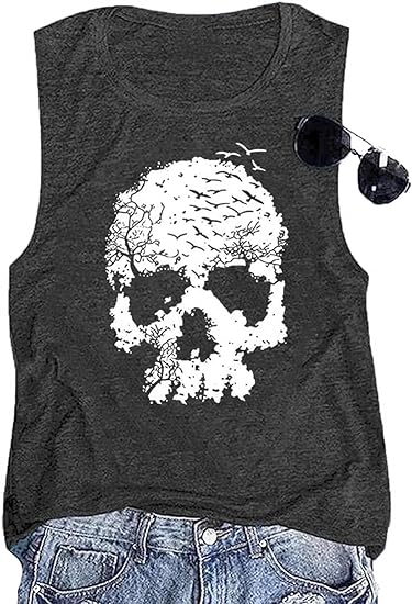 Skull Shirts for Women Gothic Skeleton Print Vintage Graphic Casual Cotton Tops Funny Workout Athletic Shirts