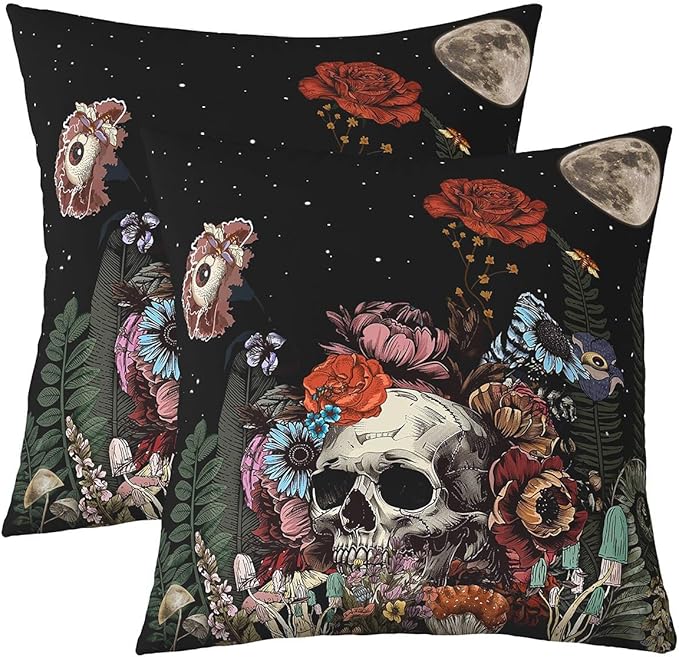 Pack of 2 Sugar Skull Throw Pillow Covers Sofa Couch Decor,Botanical Floral Pillow Covers for Kids Boys Girls,Moon Starry Sky Cushion Covers Halloween Gothic Eyes Decorative Square Pillow Cases 22x22