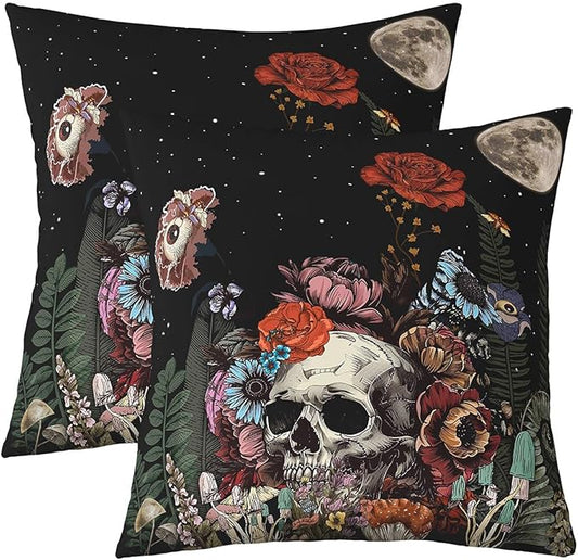 Pack of 2 Sugar Skull Throw Pillow Covers Sofa Couch Decor,Botanical Floral Pillow Covers for Kids Boys Girls,Moon Starry Sky Cushion Covers Halloween Gothic Eyes Decorative Square Pillow Cases 22x22
