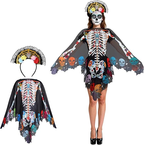 Skeleton Costumes Women Skeleton Poncho Rose Floral Crown Face Temporary Tattoos Day of The Dead Costume Halloween