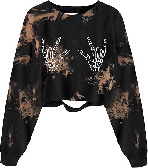 Women Tie Dye Los Angeles Graphic Ripped Distressed Crop Top Oversized Long Sleeves Sweatshirt