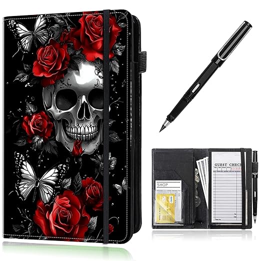 Leather Server Books for Waitress with Zipper, Large Capacity Organized with 7 Pockets Fit Waitress Server Apron, Waitress Accessories Check Presenters for Restaurant,Skull Red Roses and Butterfly