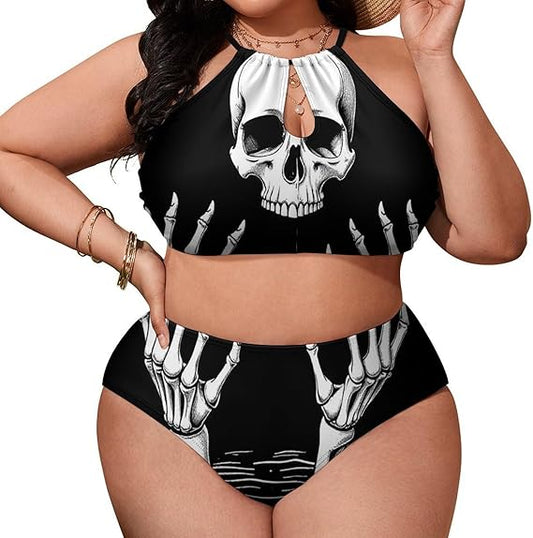 Women's Plus Size Sexy Bikini Set, Mexican Day of Dead Flower Traditional Sugar Skull Triangle 2 Piece Bathing Suits