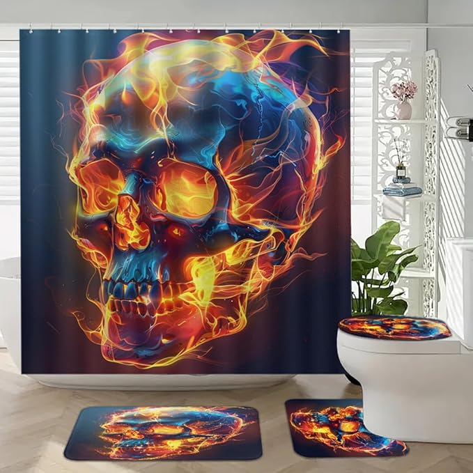 Watercolor Skulls Shower Curtain Set 4PCS - 72x72 Inch Waterproof Curtain, Bath Mat & Toilet Cover, Non-Slip Rug, 12 Hooks, Flame Abstract Skeleton Bathroom Decor
